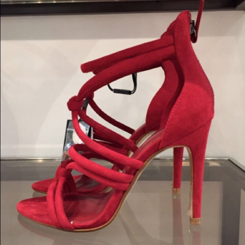 NWT Zara Red Knotted Faux Suede High Heel Sandals - Picture 5 of 6